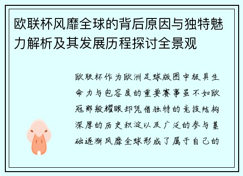 欧联杯风靡全球的背后原因与独特魅力解析及其发展历程探讨全景观