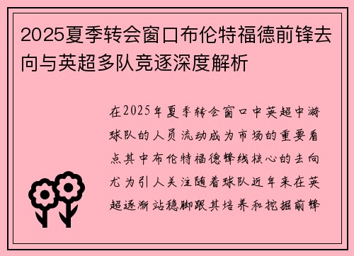 2025夏季转会窗口布伦特福德前锋去向与英超多队竞逐深度解析 2025夏季转会窗口布伦特福德前锋去向与英超多队竞逐深度解析